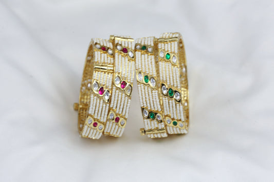 Gold Finish Pearl & Kundan Bangle Set - Openable