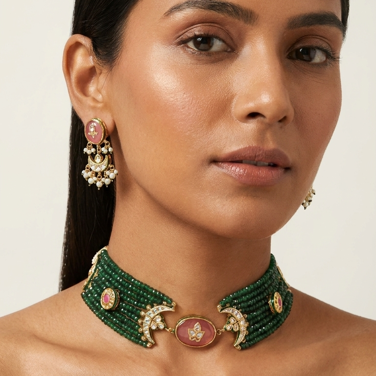 Inlay Kundan Beaded Choker Set - Dark Green