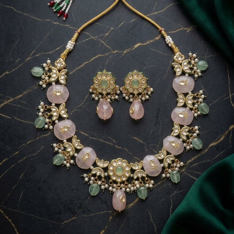 Meerut Kundan Inlay Work Necklace Set - Rose Quartz