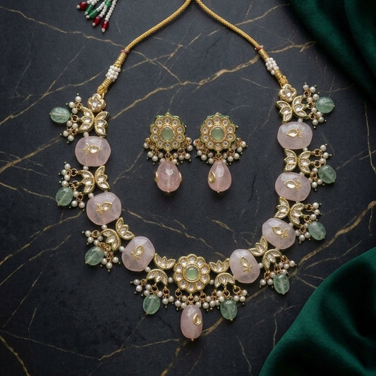 Meerut Kundan Inlay Work Necklace Set - Rose Quartz
