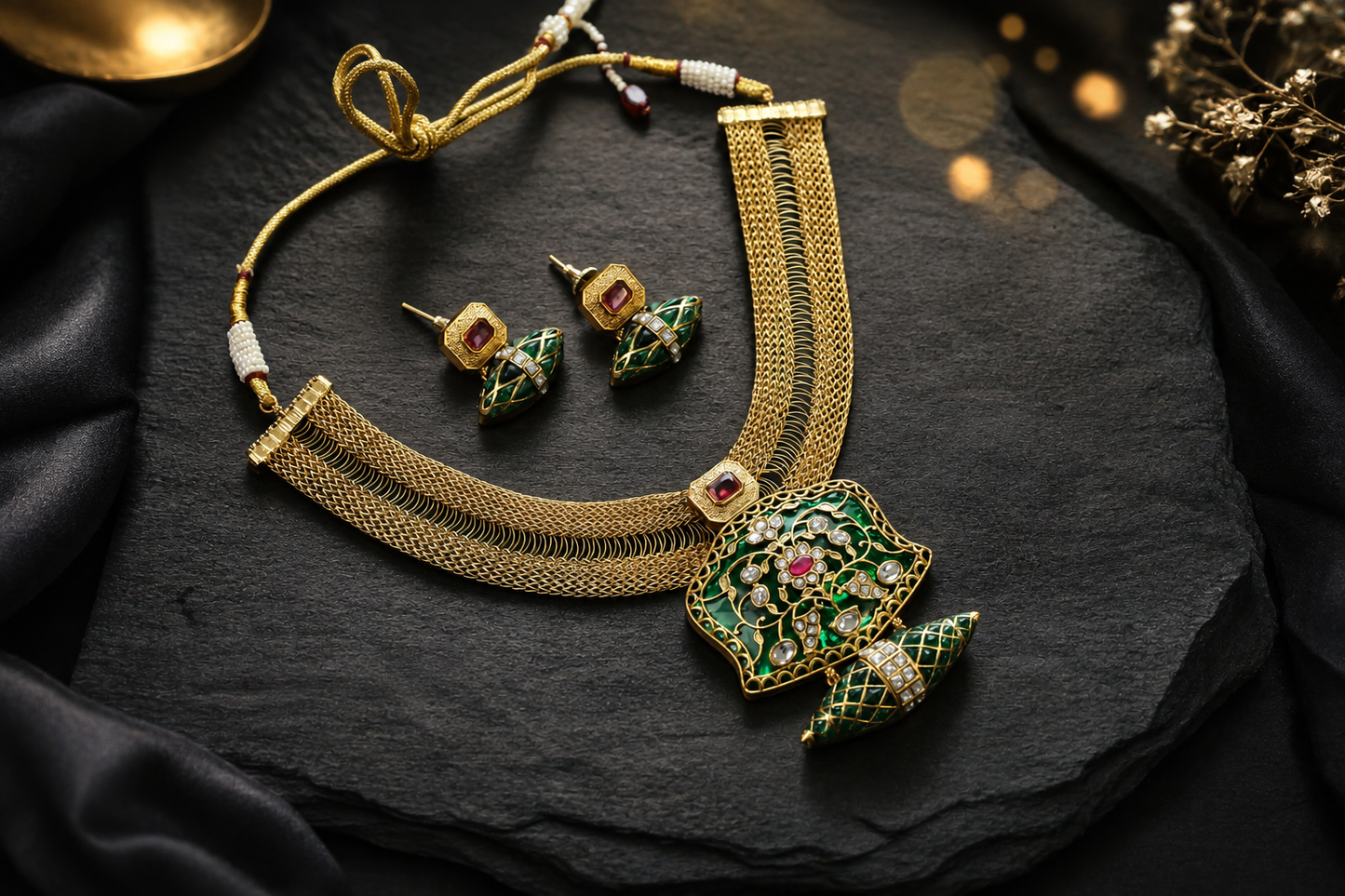 Jadau Tabeej & Inlay Kundan Necklace Set - Green