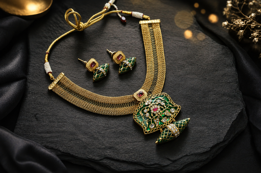 Jadau Tabeej & Inlay Kundan Necklace Set - Green