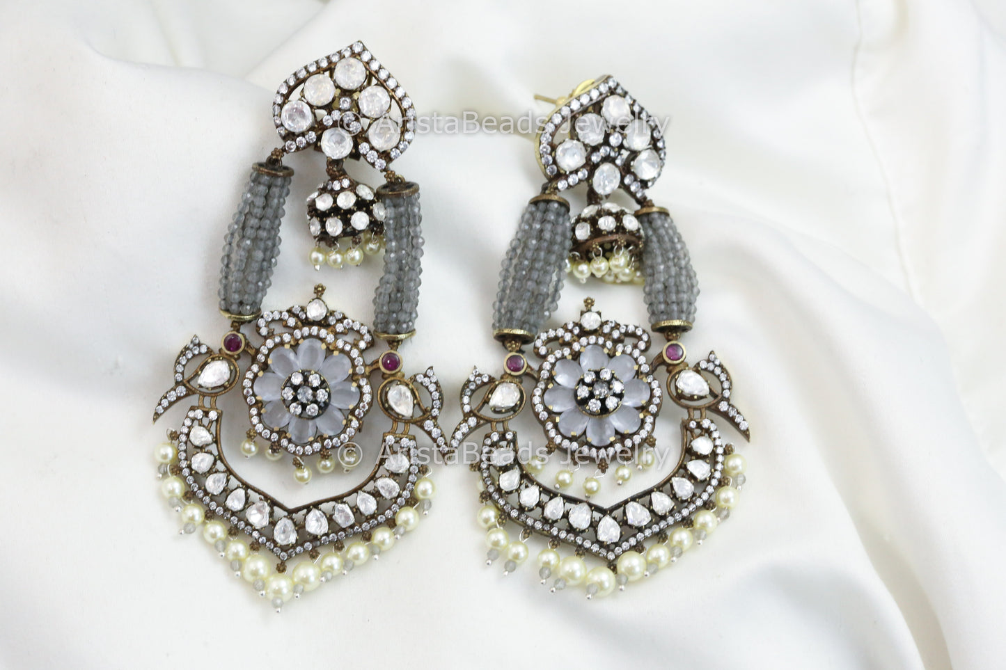 Real Moissanite & Gray Stones Victorian Earrings