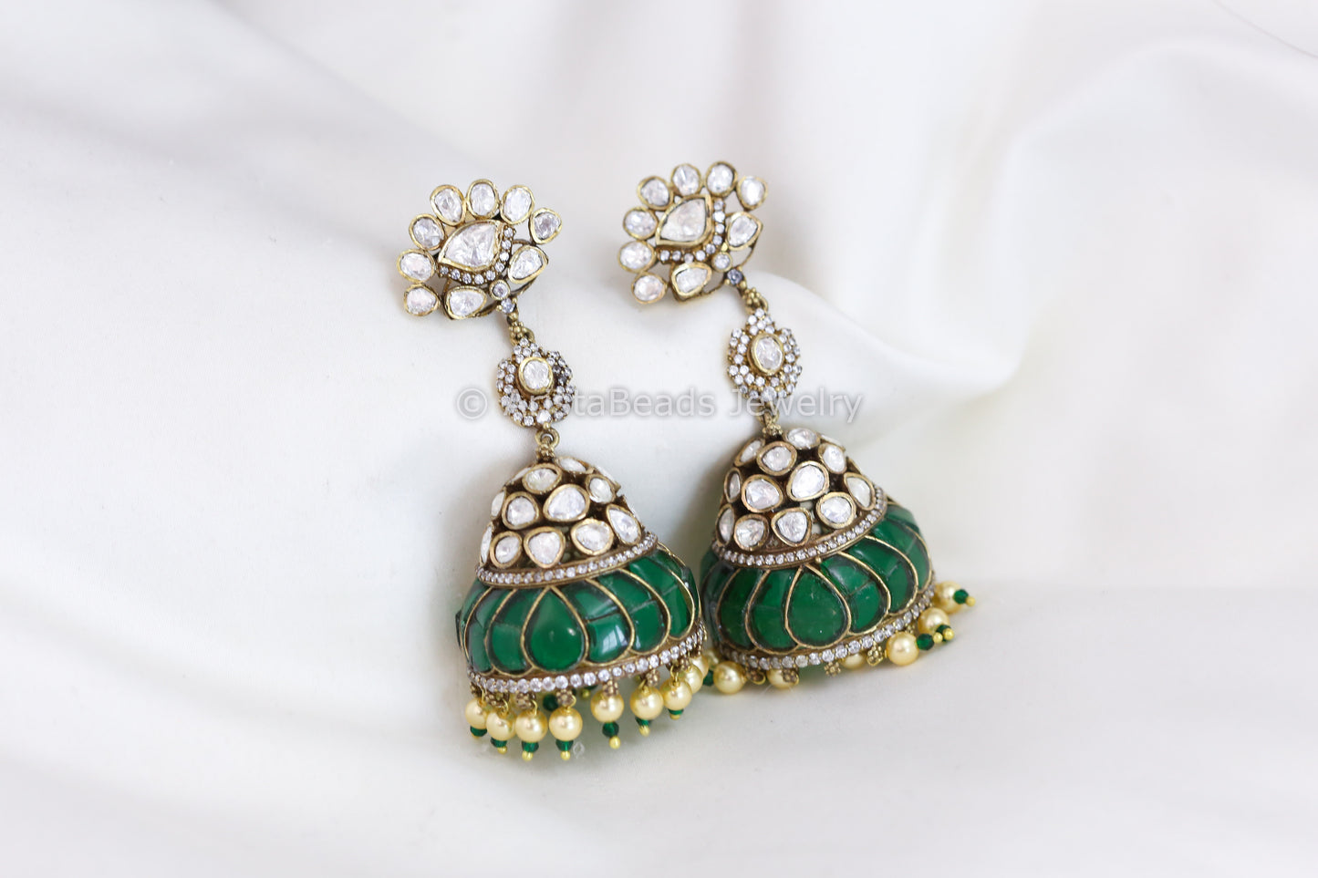Real Moissanite Victorian Jhumka - Green Kundan
