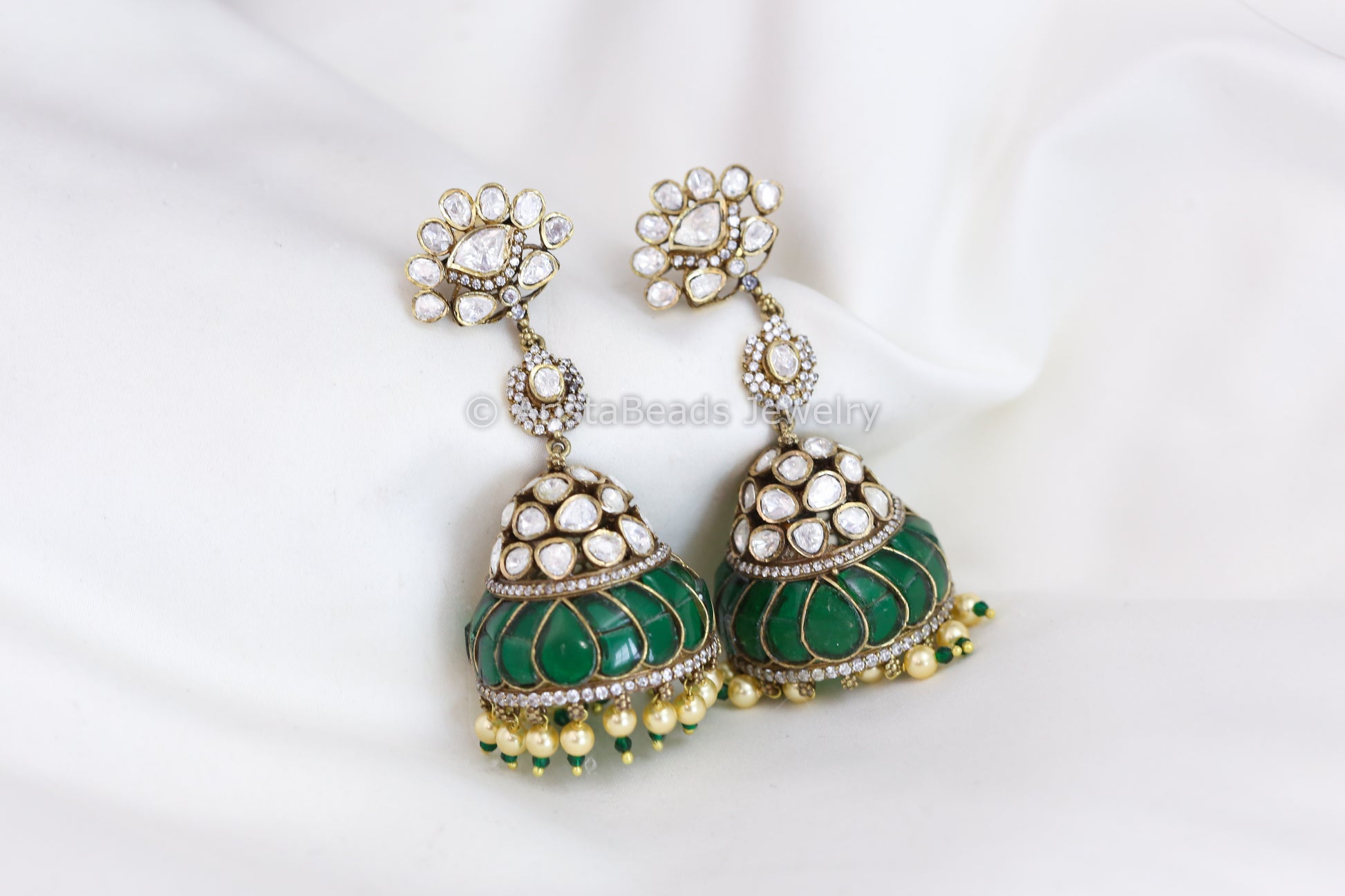 Real Moissanite Victorian Jhumka - Green Kundan
