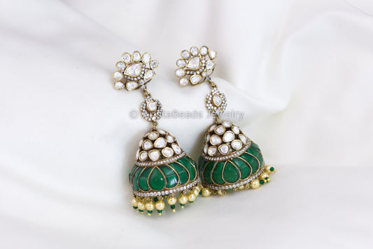 Real Moissanite Victorian Jhumka - Green Kundan