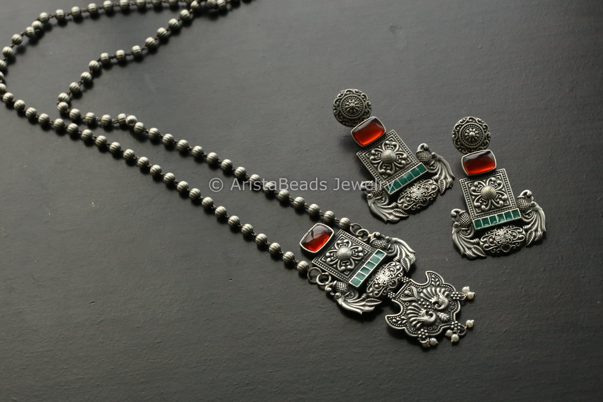 Oxidized Enamel Necklace Set - Orange Stone