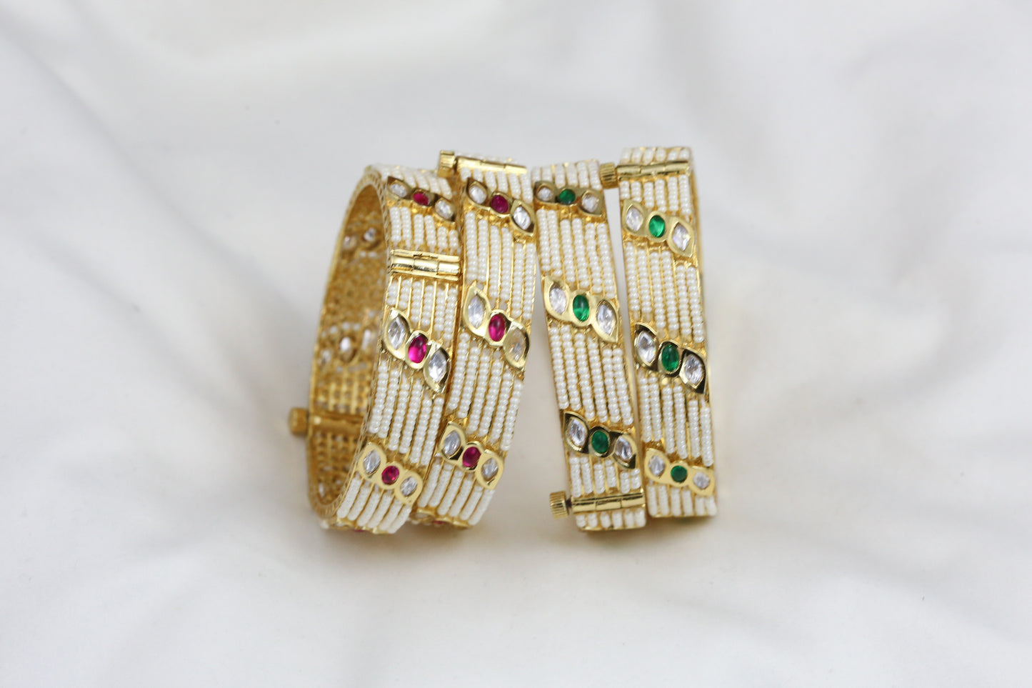 Gold Finish Pearl & Kundan Bangle Set - Openable