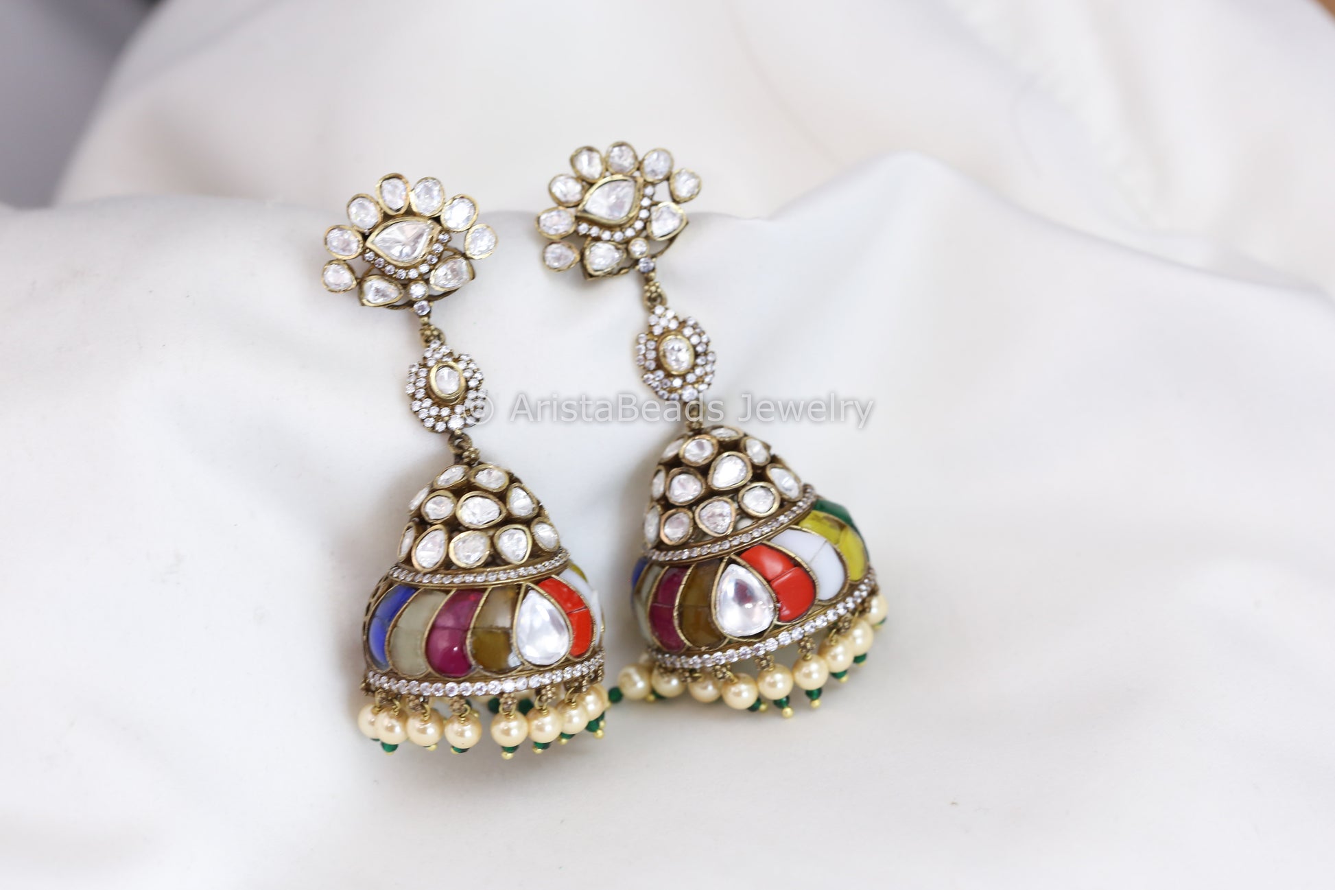 Real Moissanite Victorian Jhumka - Multi Kundan