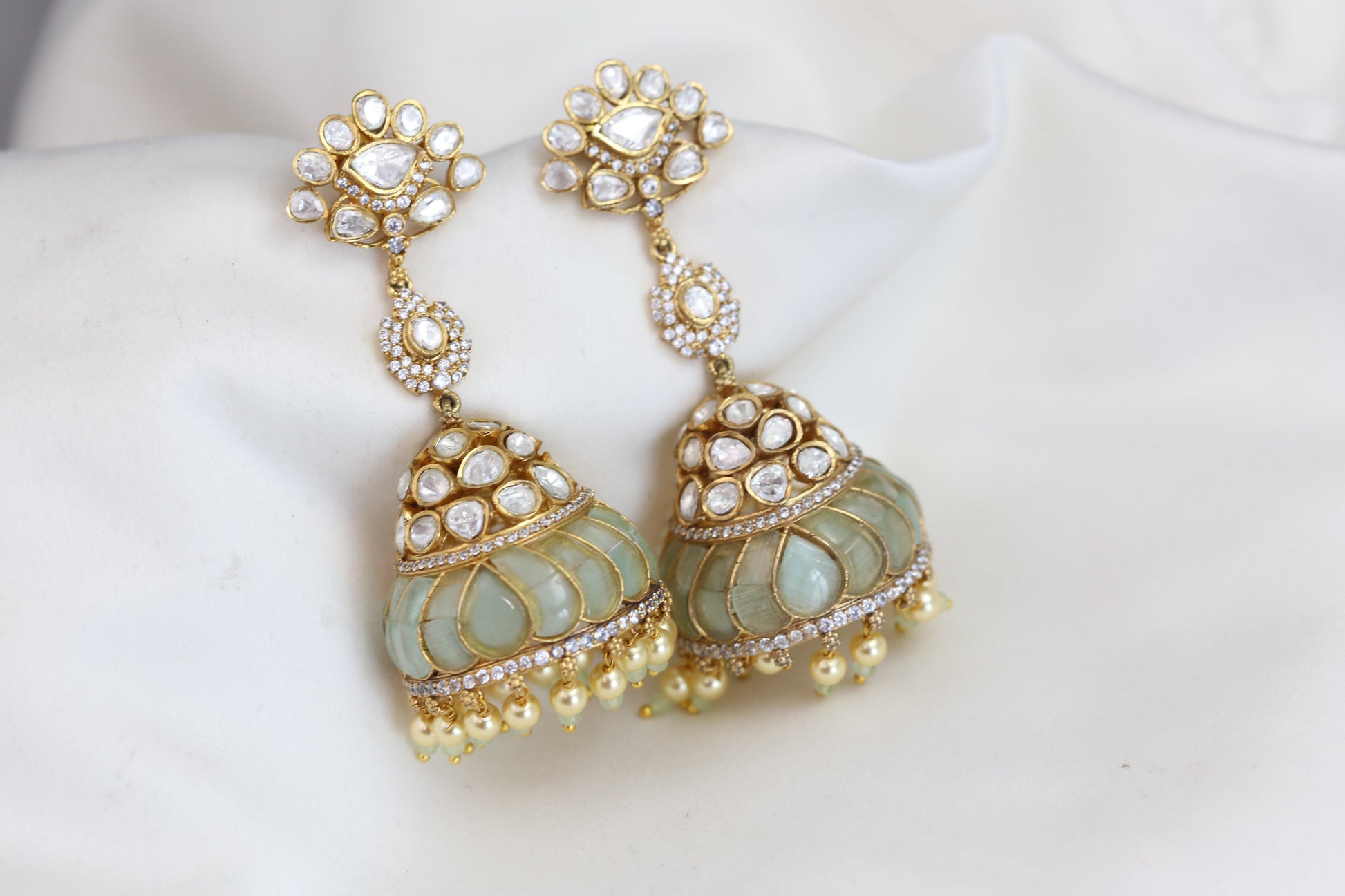 Real Moissanite Gold Jhumka - Mint Jadau Kundan
