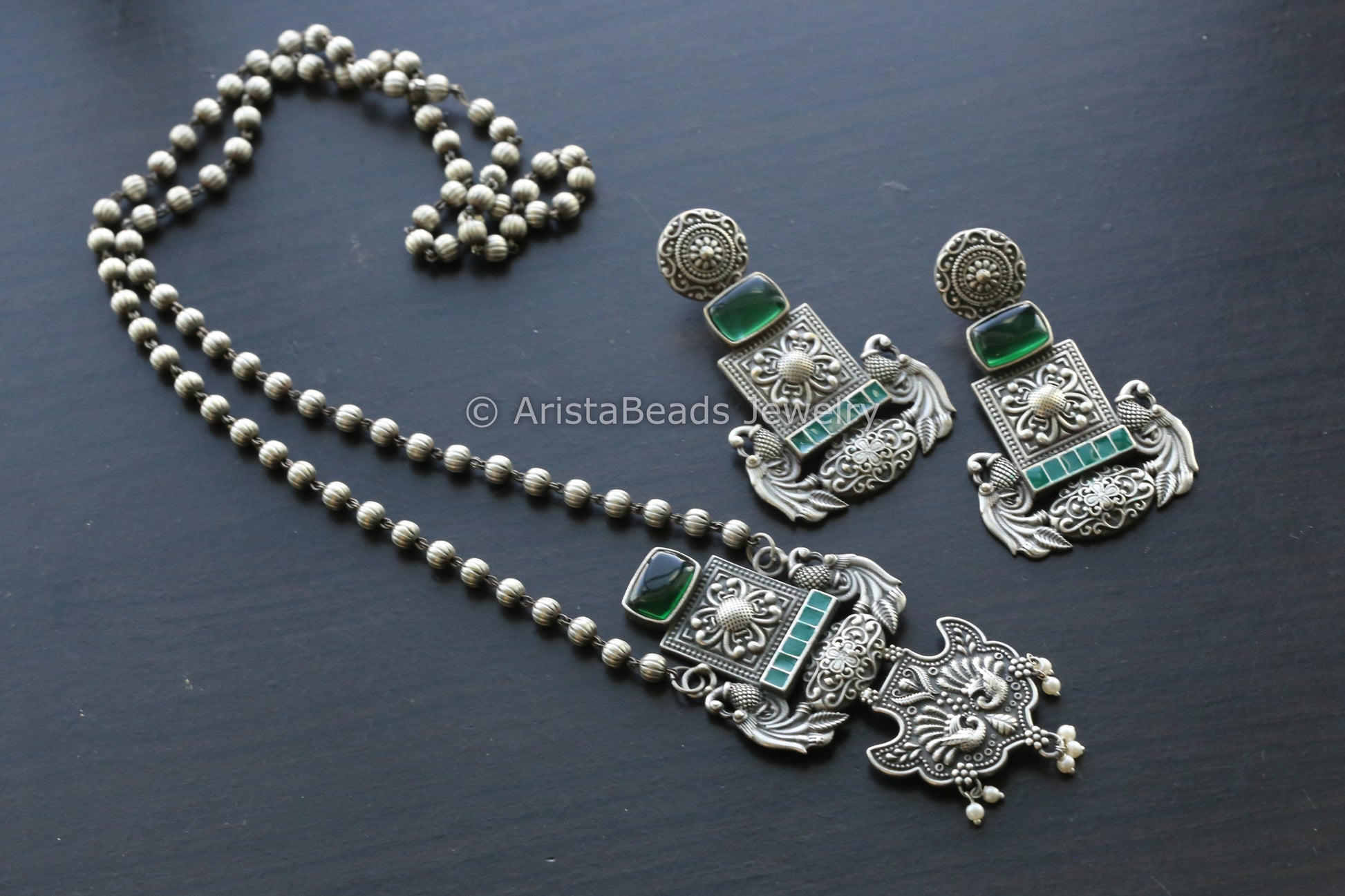 Oxidized Green Enamel Necklace Set - Green Stone