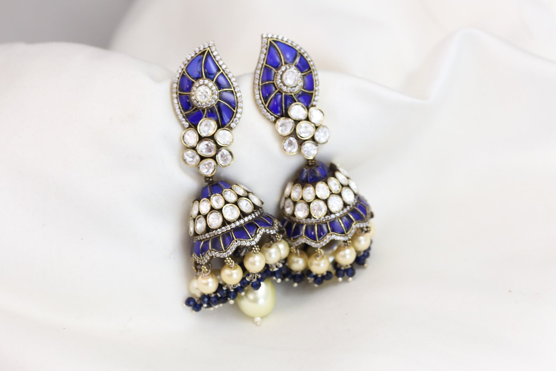 Real Moissanite Blue Jadau Kundan Victorian Jhumka