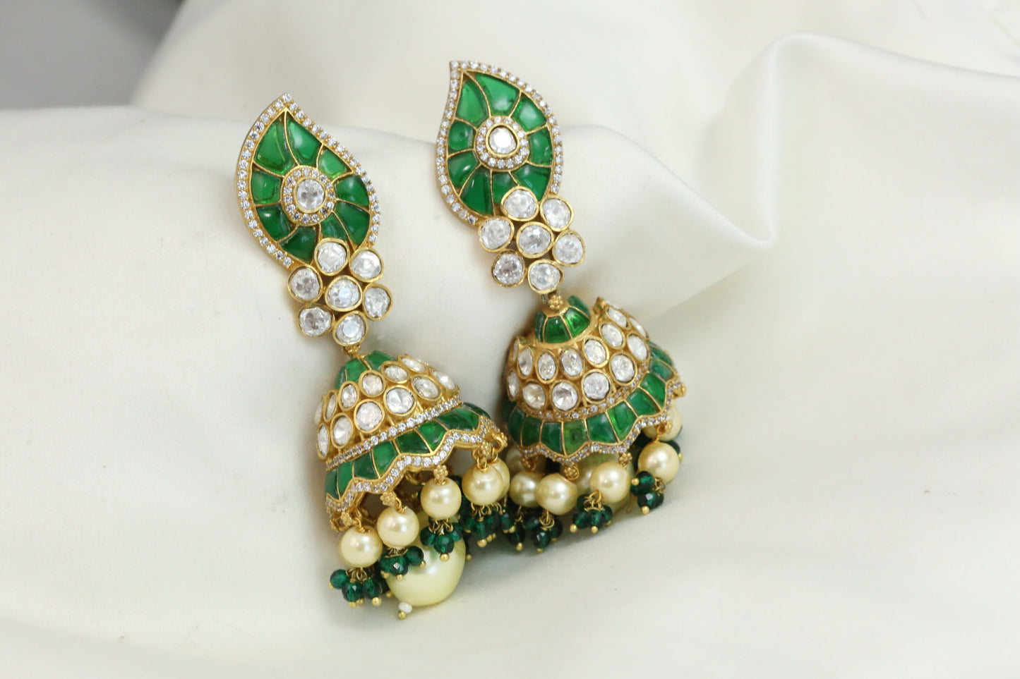 Real Moissanite Green Jadau Kundan Gold Jhumka
