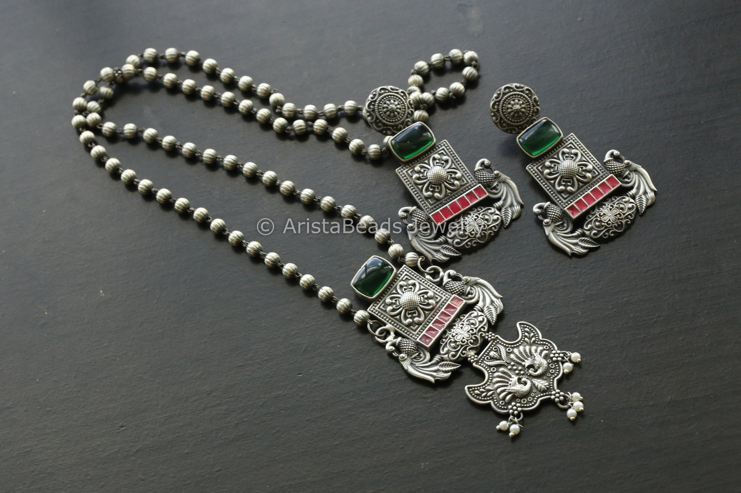 Oxidized Red Enamel Necklace Set - Green Stone
