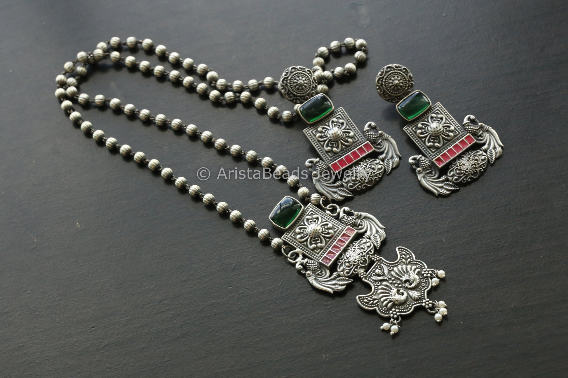 Oxidized Red Enamel Necklace Set - Green Stone