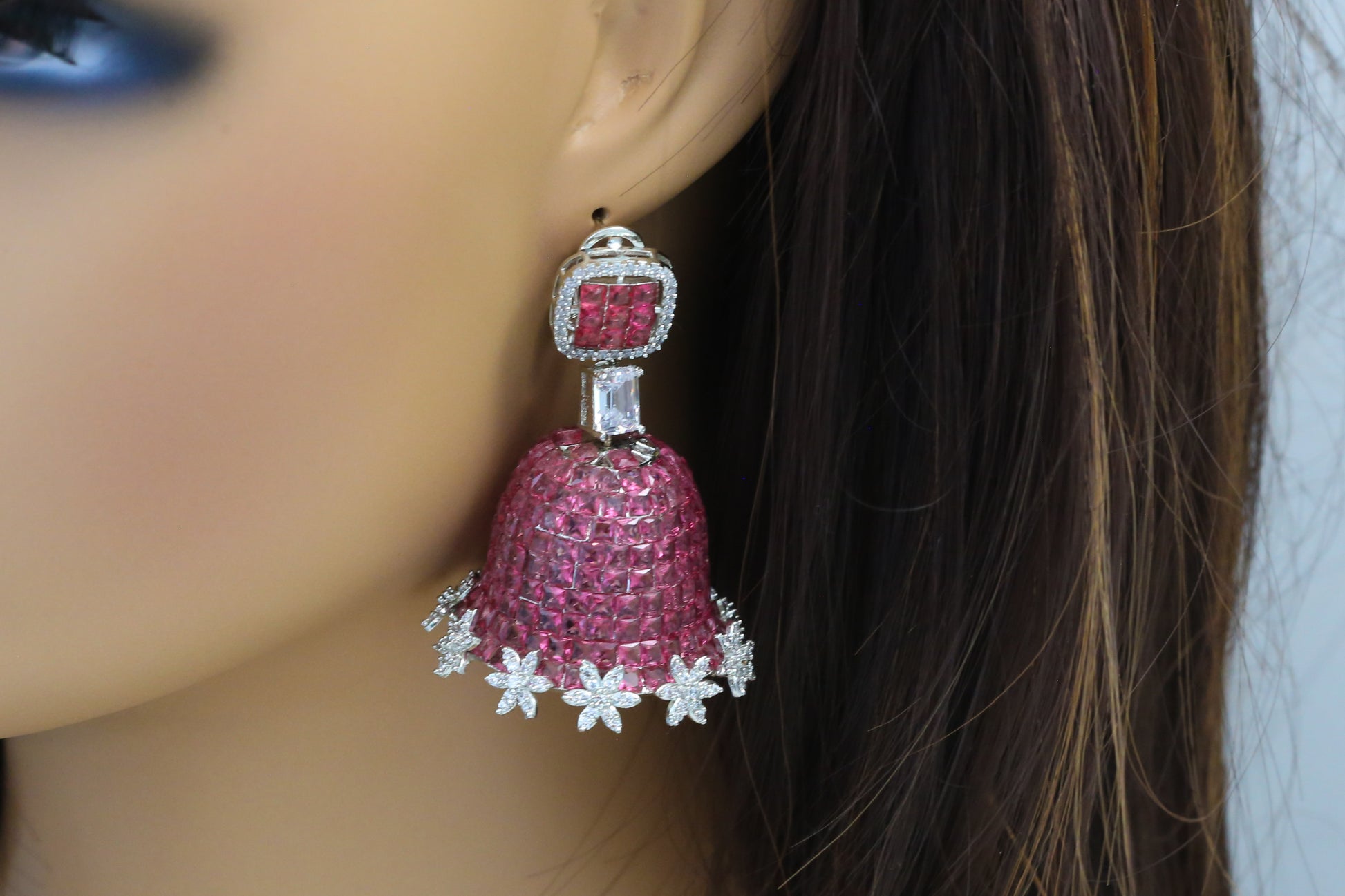 Pink Invisible Setting Jhumka - Large Size