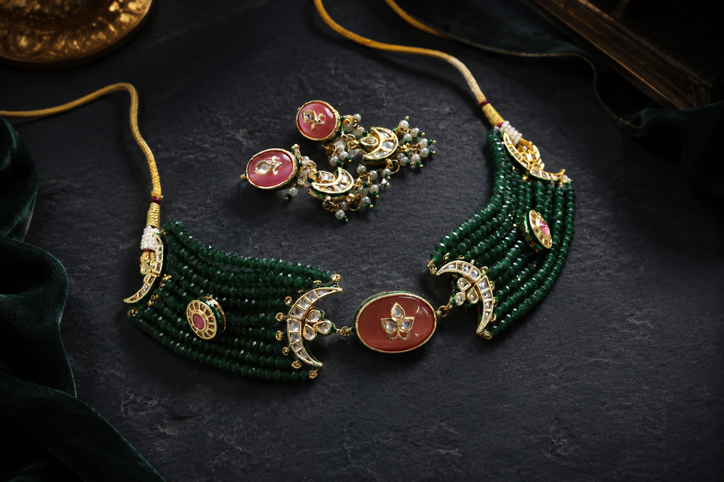 Inlay Kundan Beaded Choker Set - Dark Green