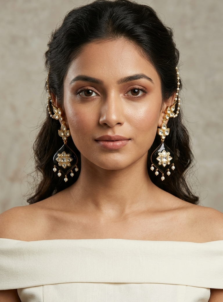 A woman with dark hair styled in an updo wearing ornate gold and silver traditional Indian earrings, paired with an off-the-shoulder cream-colored dress against a neutral textured background.