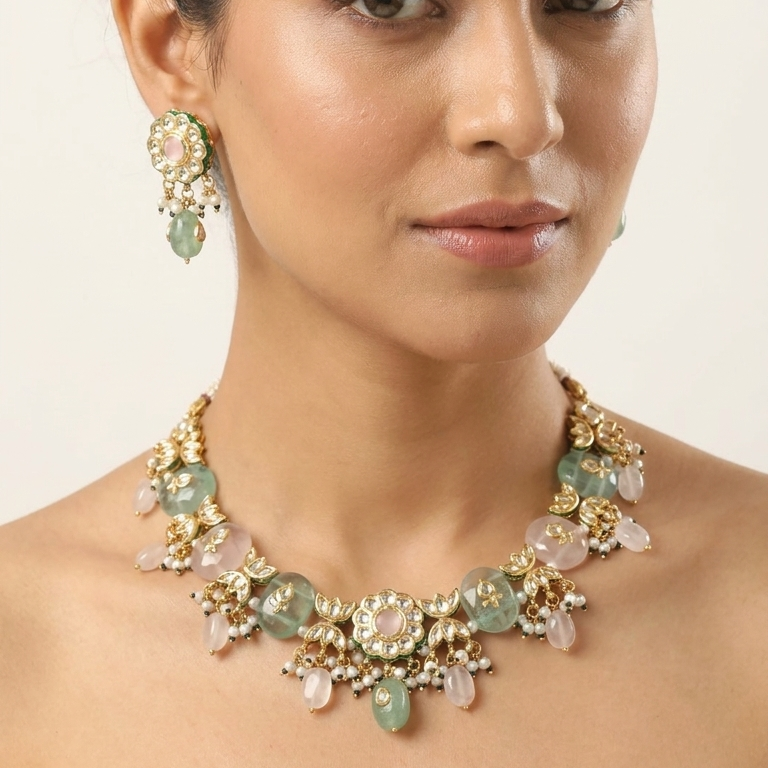 Meerut Kundan Inlay Work Necklace Set - Rose Quartz & Fluorite