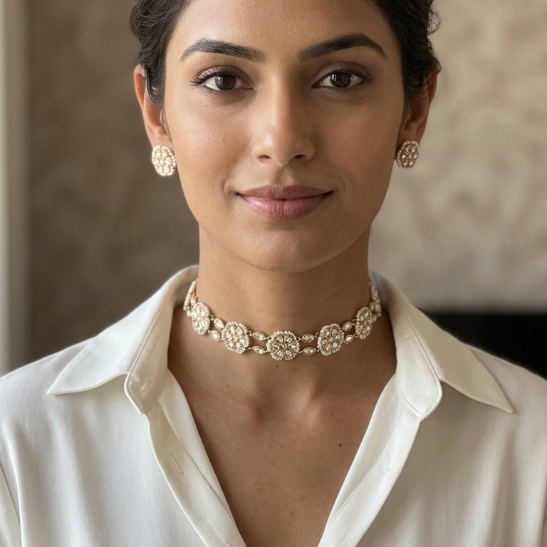 A woman wearing a delicate gold-toned floral choker necklace and matching stud earrings, styled with a white collared blouse against a soft beige patterned background.
