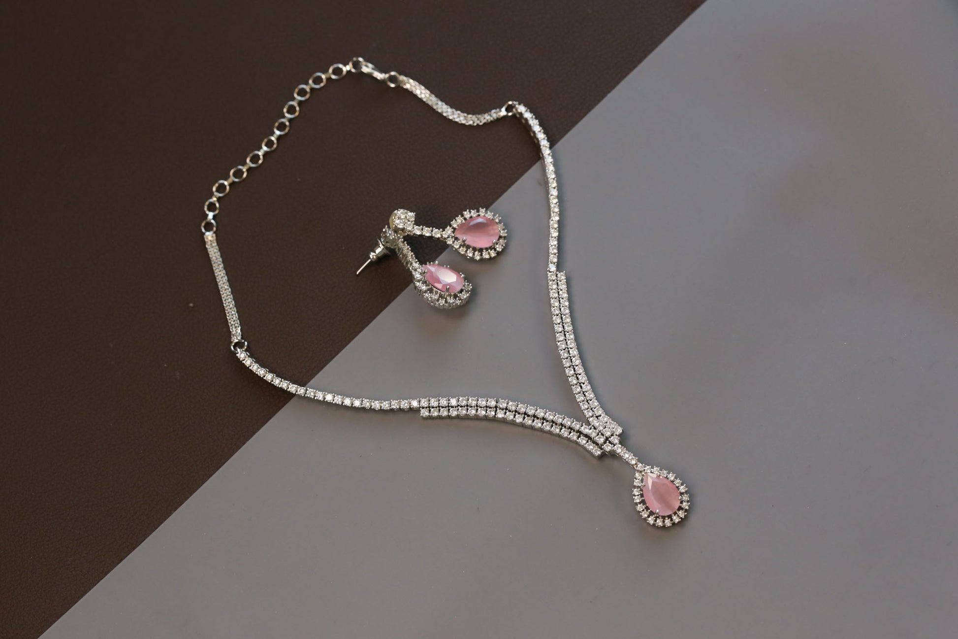 Dainty Solitaire Necklace Set - Pink