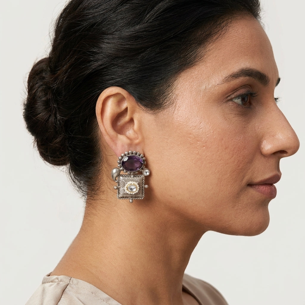 Kundan Fusion Earrings- Purple