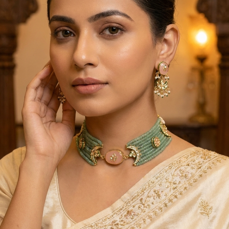 Inlay Kundan Beaded Choker Set - Green