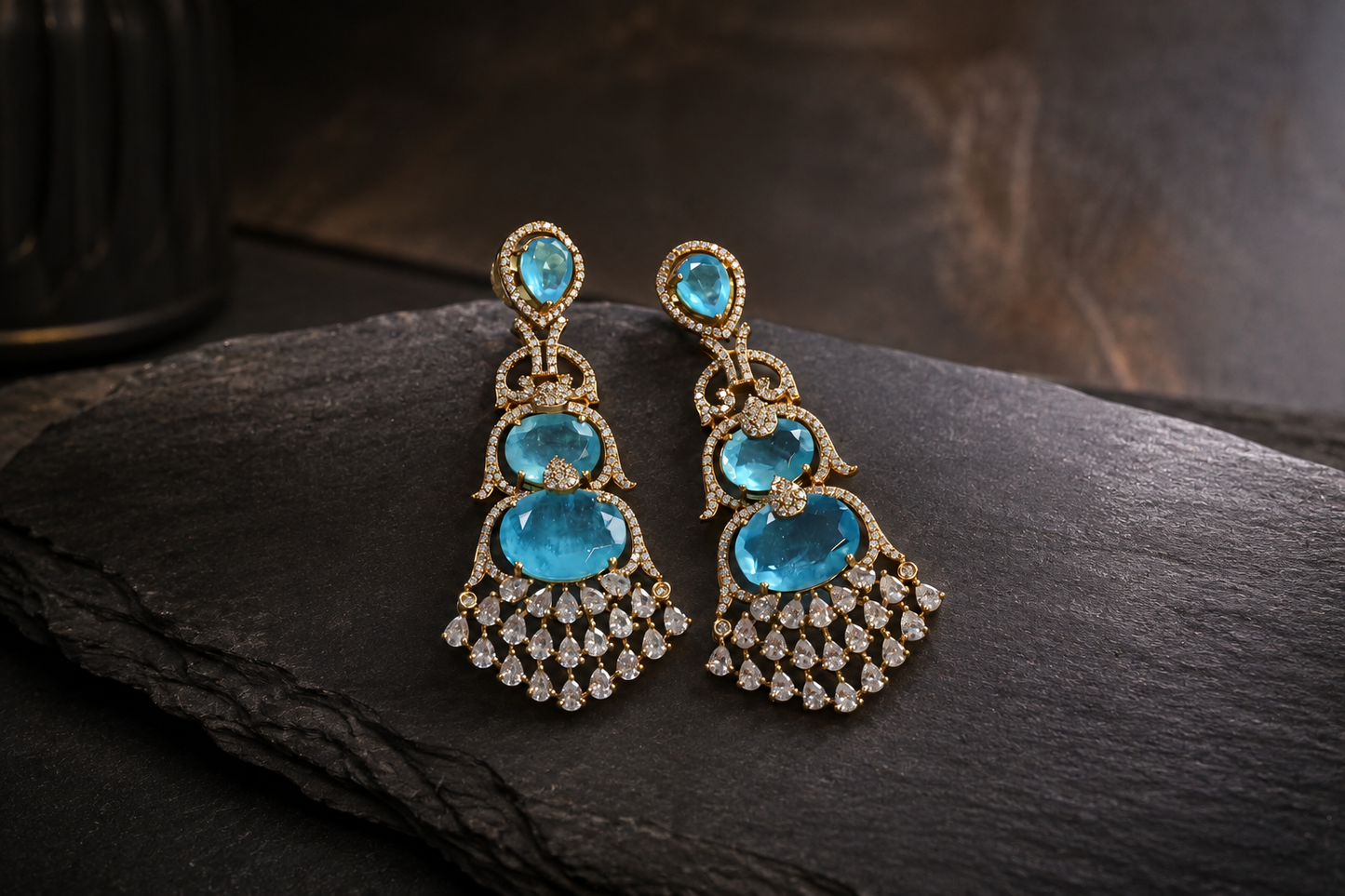 Aarika Doublet, MicroCZ & Mehndi Polish Earrings - Aqua Blue