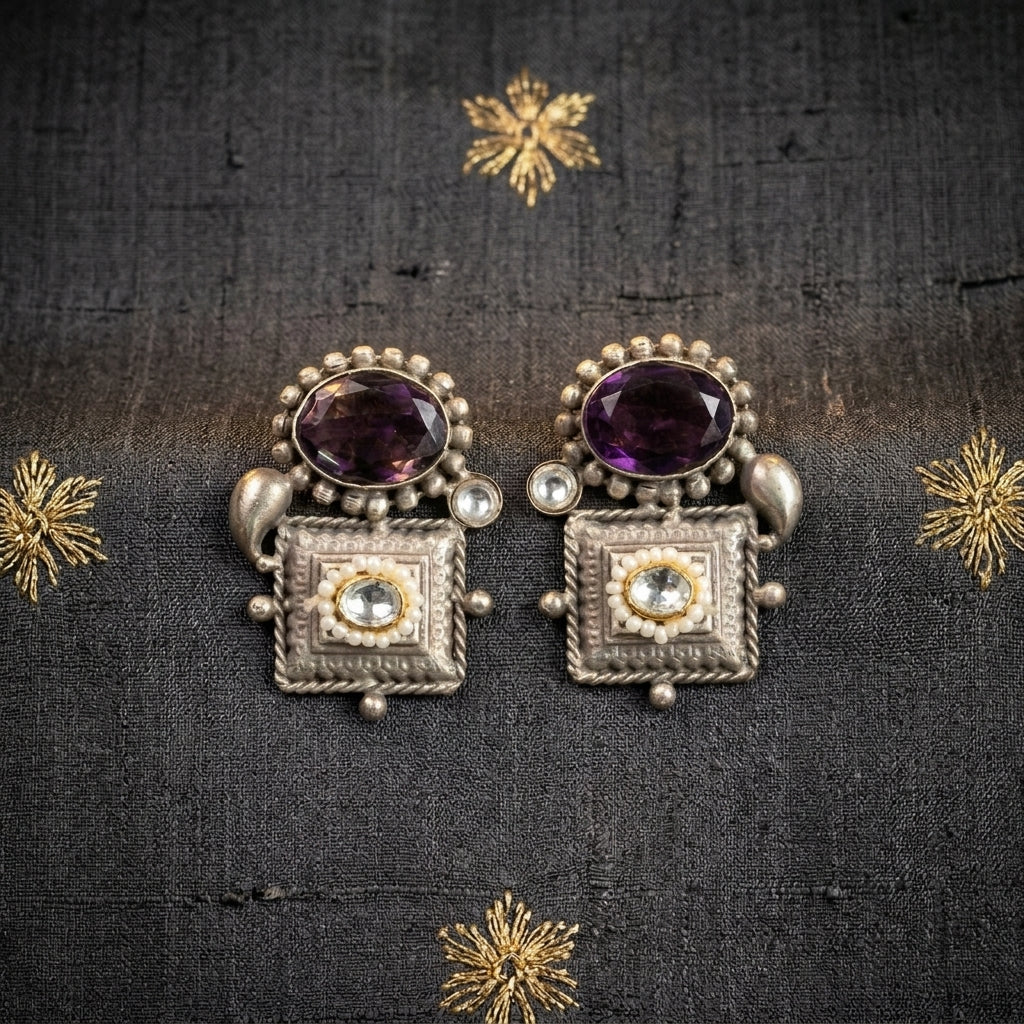 Kundan Fusion Earrings- Purple