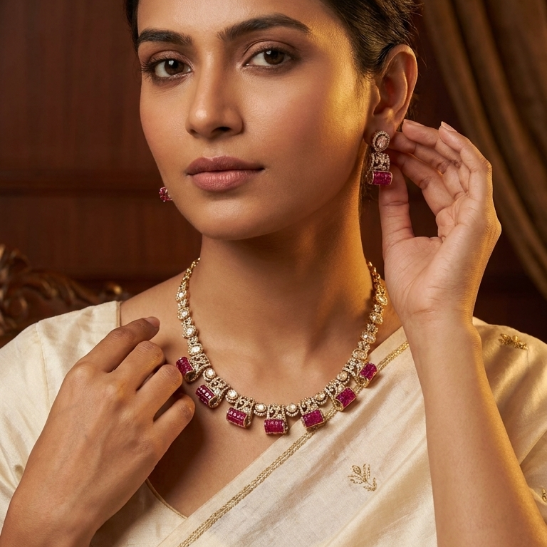 Invisible Setting, Uncut Polki & CZ Necklace Set - Ruby