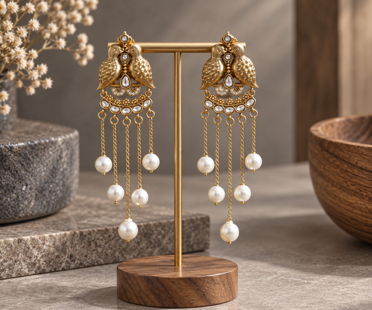 Antique Gold Mayura Tassel Earrings - Clear