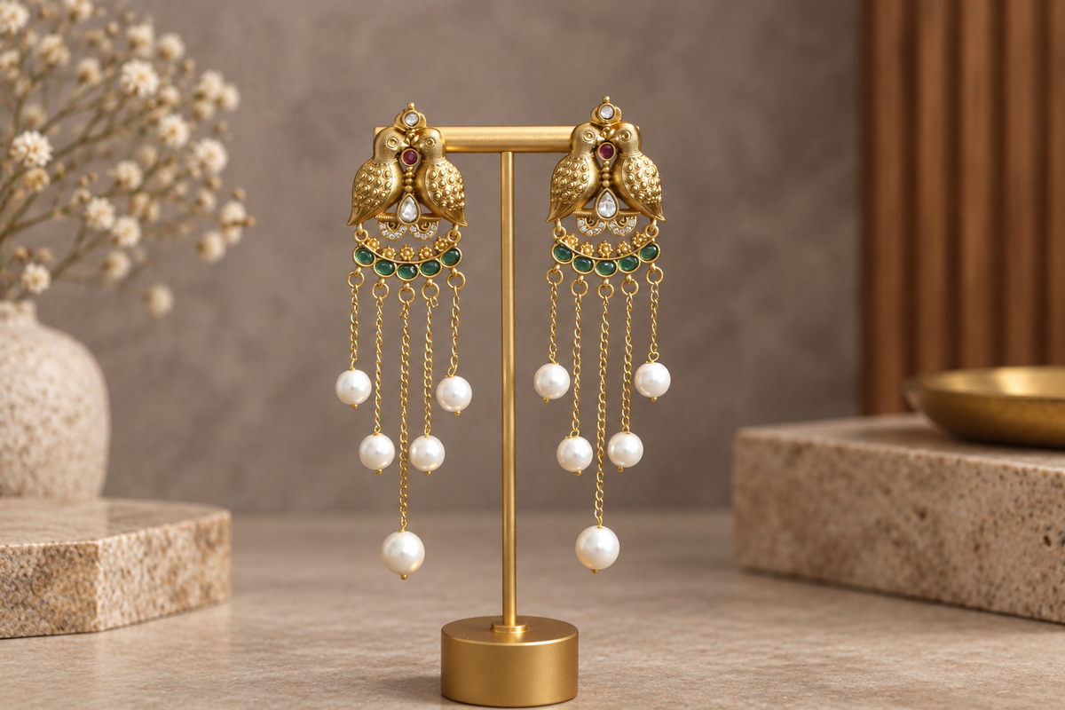 Antique Gold Mayura Tassel Earrings - Green
