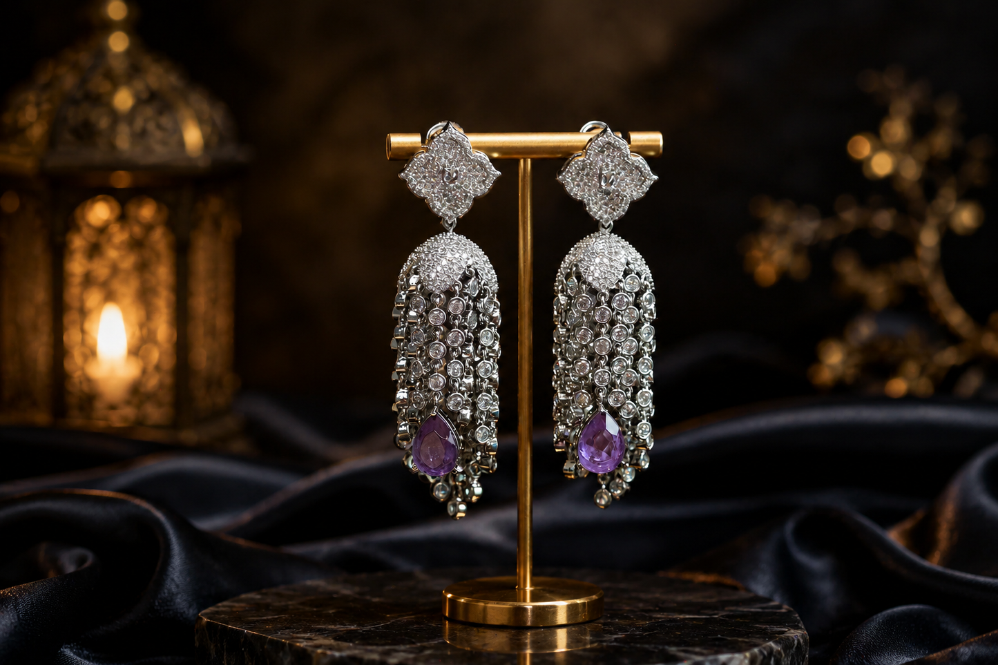 Kajal CZ Tassel Jhumka - Lavender
