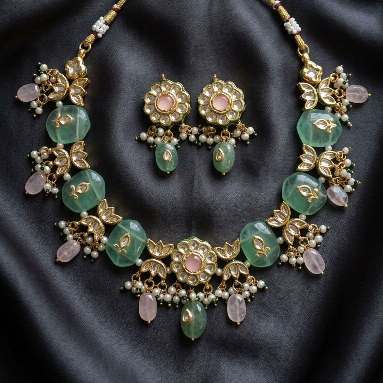 An ornate gold-toned jewelry set featuring a statement necklace and matching earrings, embellished with green faceted beads, pink stones, and small pearl-like accents, displayed on a dark satin fabric background.