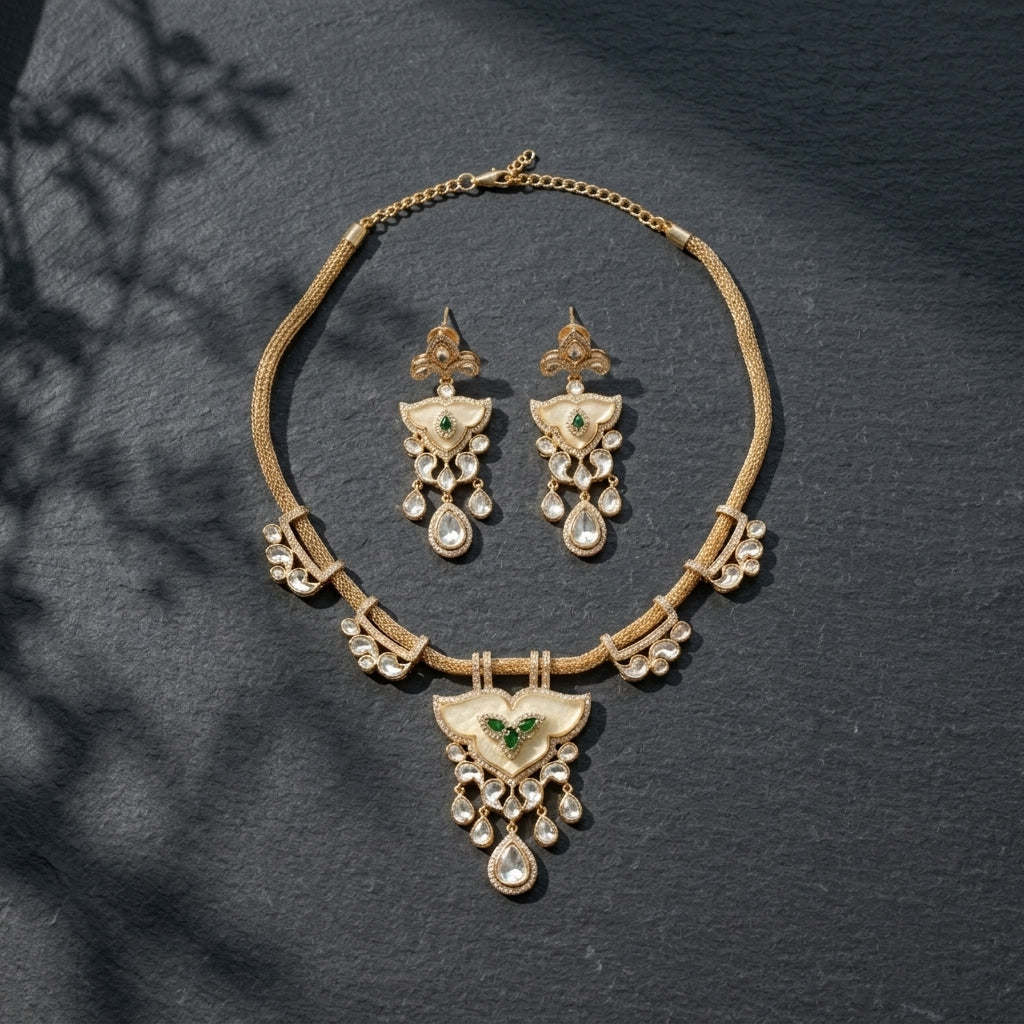 Kundan Polki CZ & MOP Necklace Set - Green