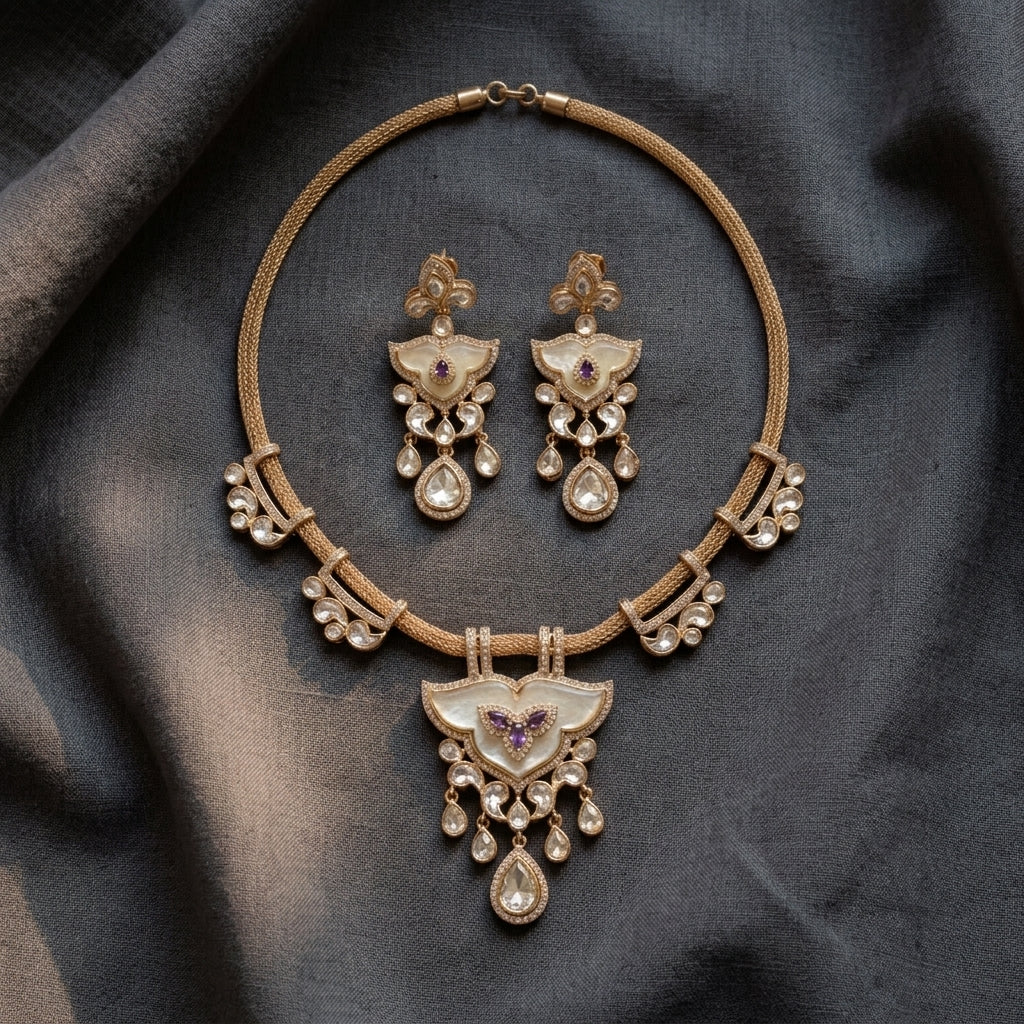Kundan Polki CZ & MOP Necklace Set - Purple