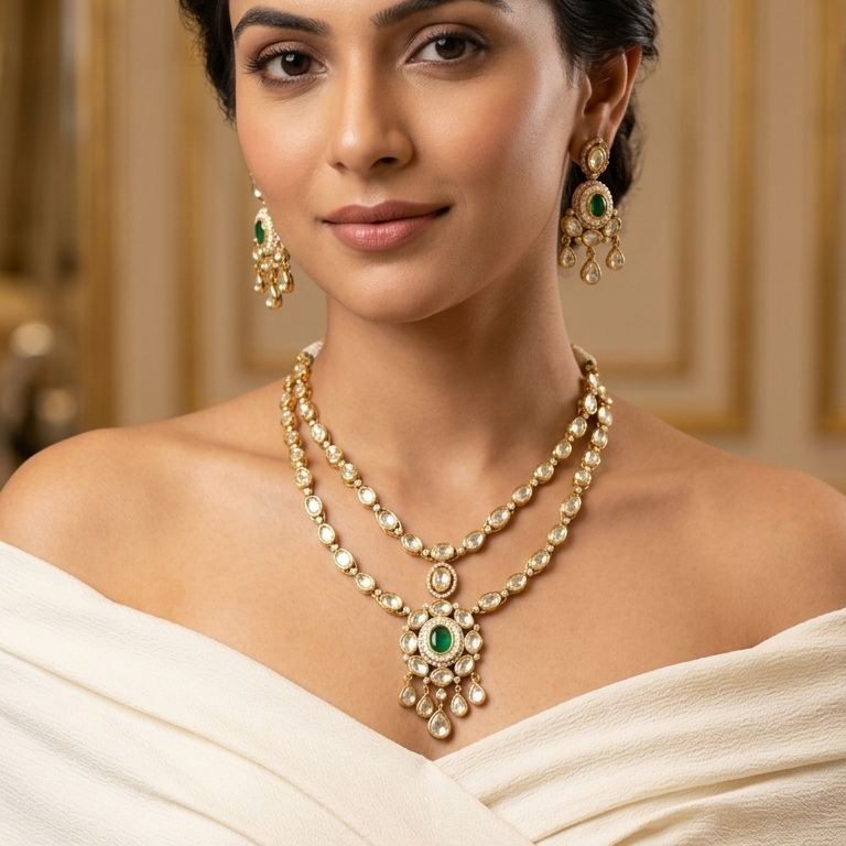 Premium Uncut Polki Green Doublet Set