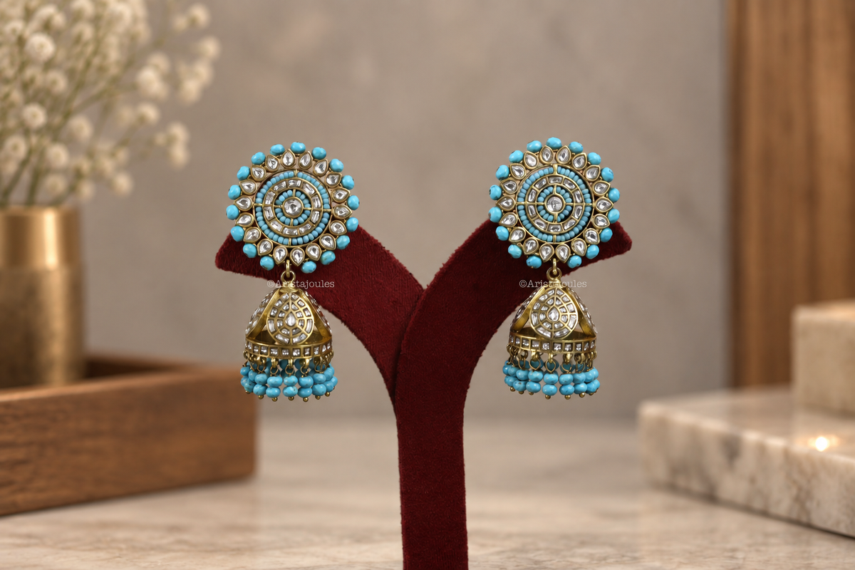 Kalindi Vintage Gold Polish Jhumka  - Turquoise
