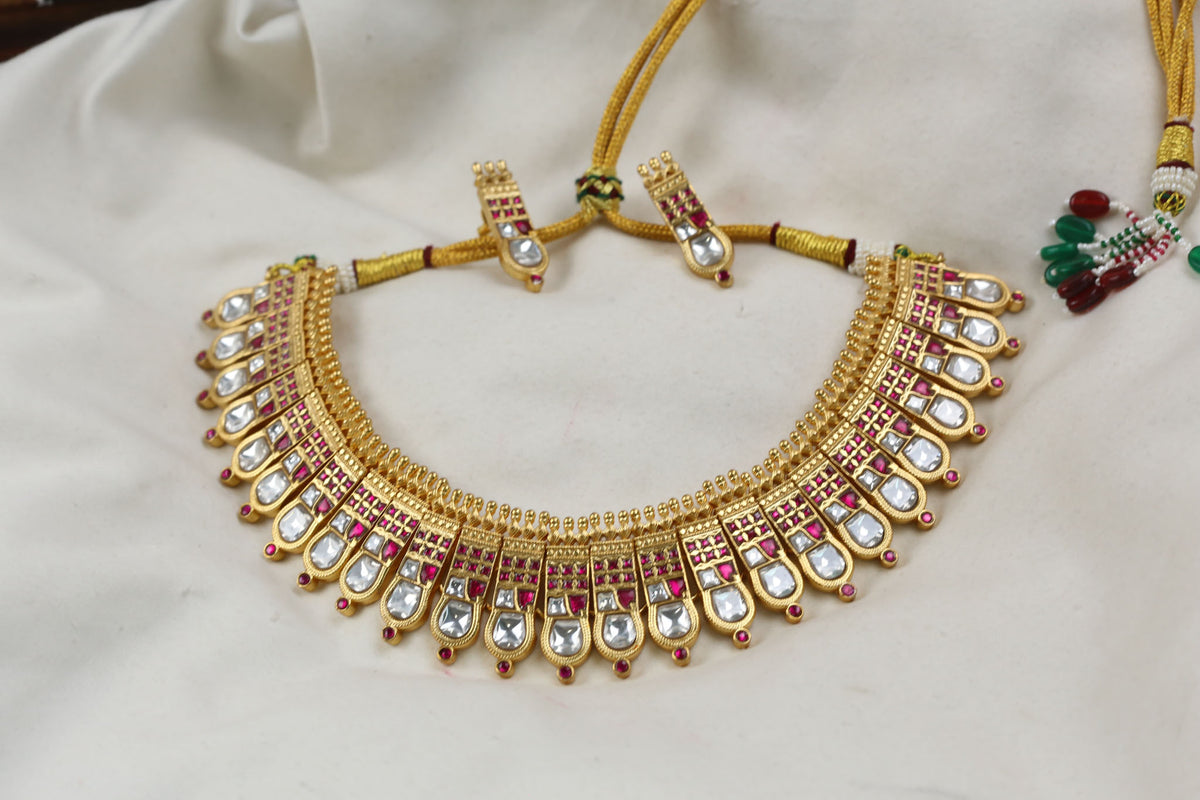 Handcrafted Thussi Jadau Kundan Necklace - Ruby