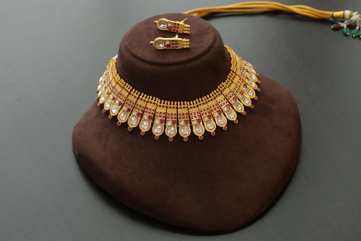 Handcrafted Thussi Jadau Kundan Necklace - Ruby