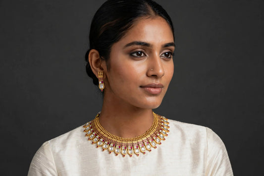 Handcrafted Thussi Jadau Kundan Necklace - Ruby