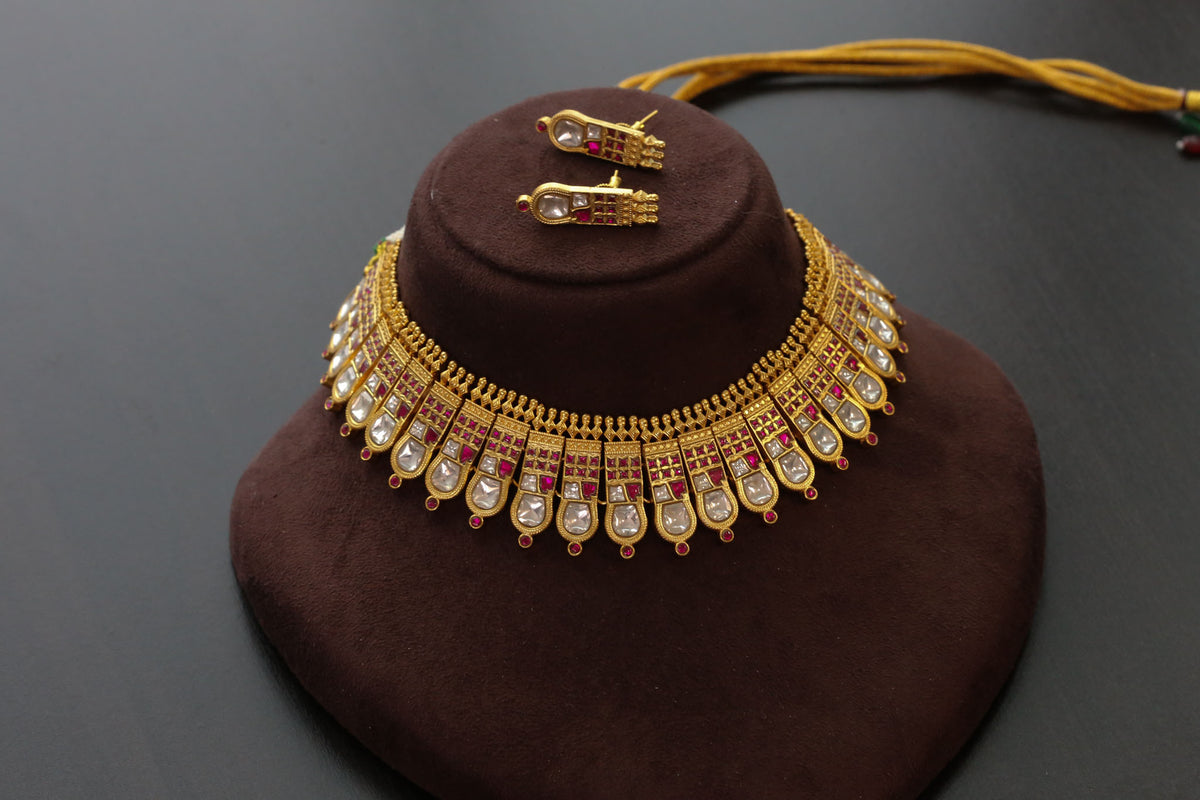 Handcrafted Thussi Jadau Kundan Necklace - Ruby