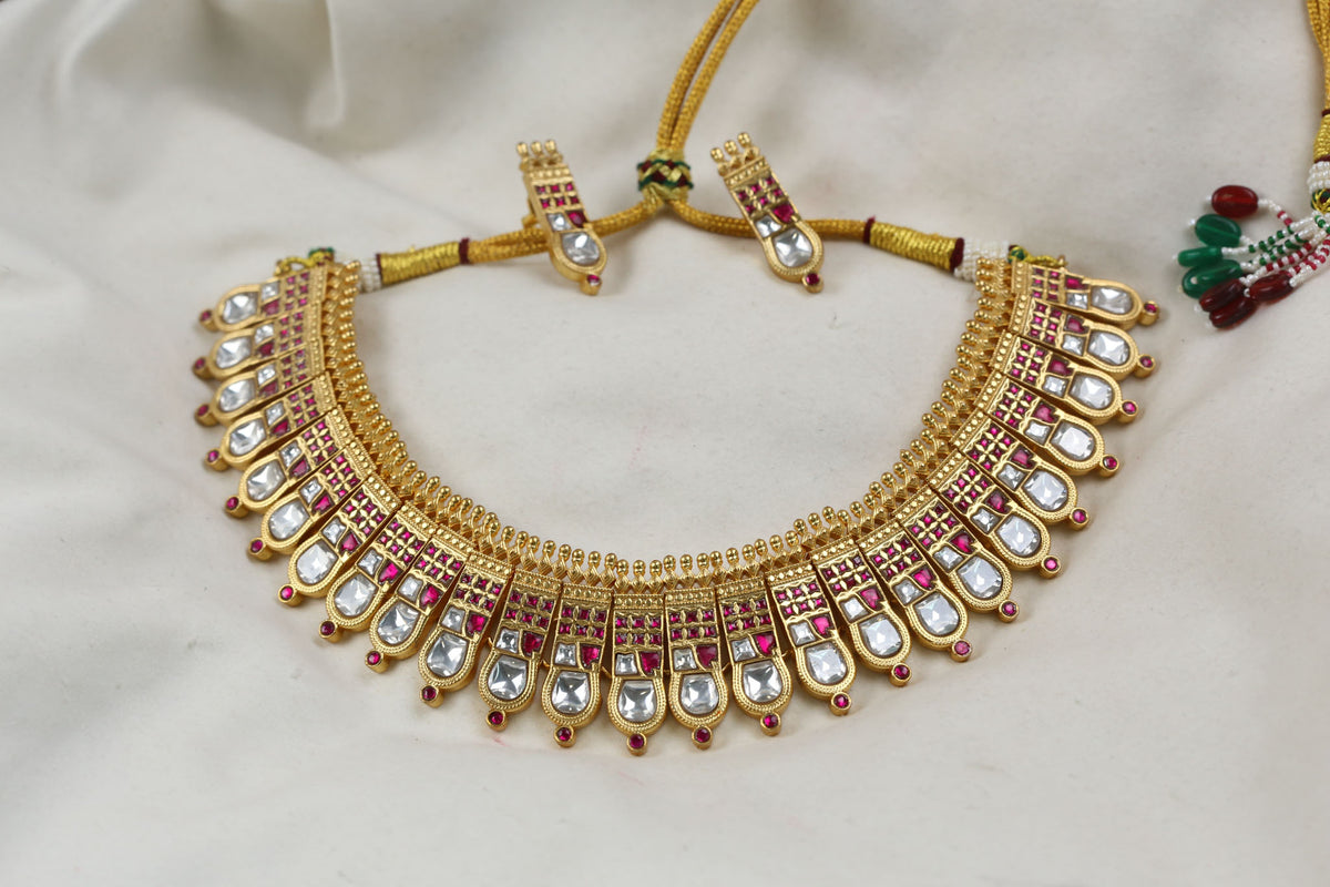 Handcrafted Thussi Jadau Kundan Necklace - Ruby