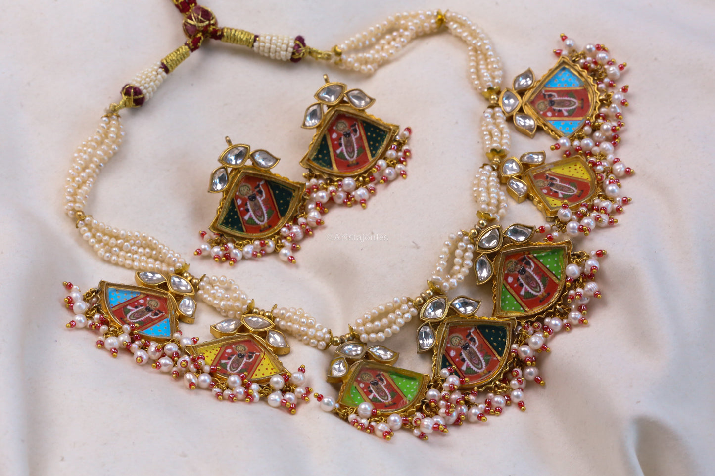 Real Pearls Pichwai Painting Kundan Necklace Set