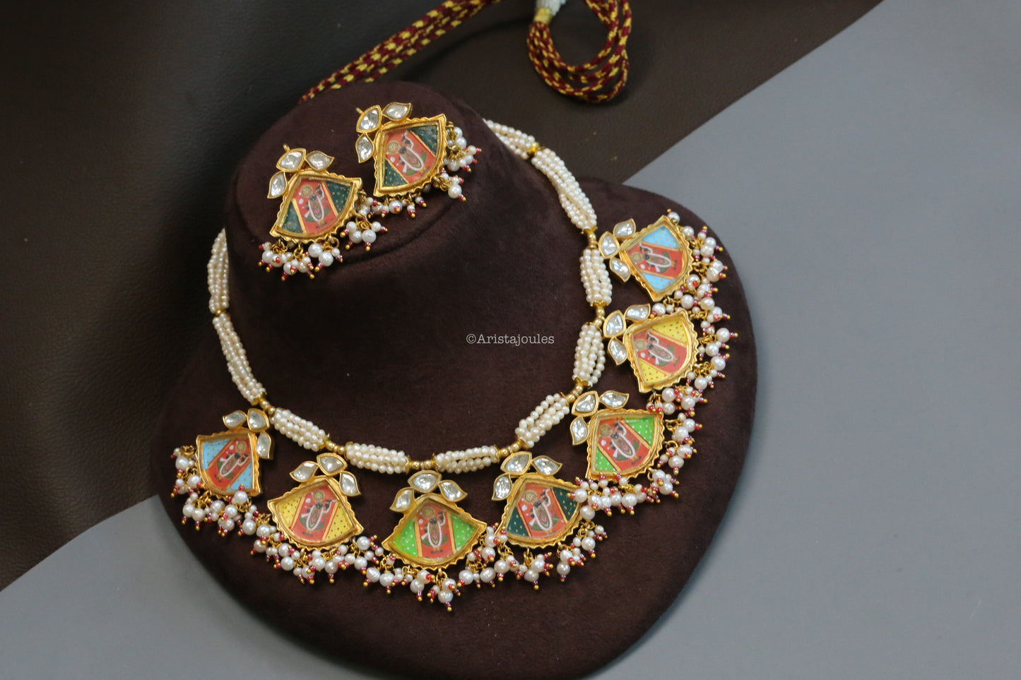 Real Pearls Pichwai Painting Kundan Necklace Set