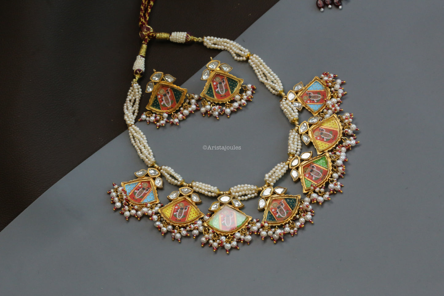 Real Pearls Pichwai Painting Kundan Necklace Set