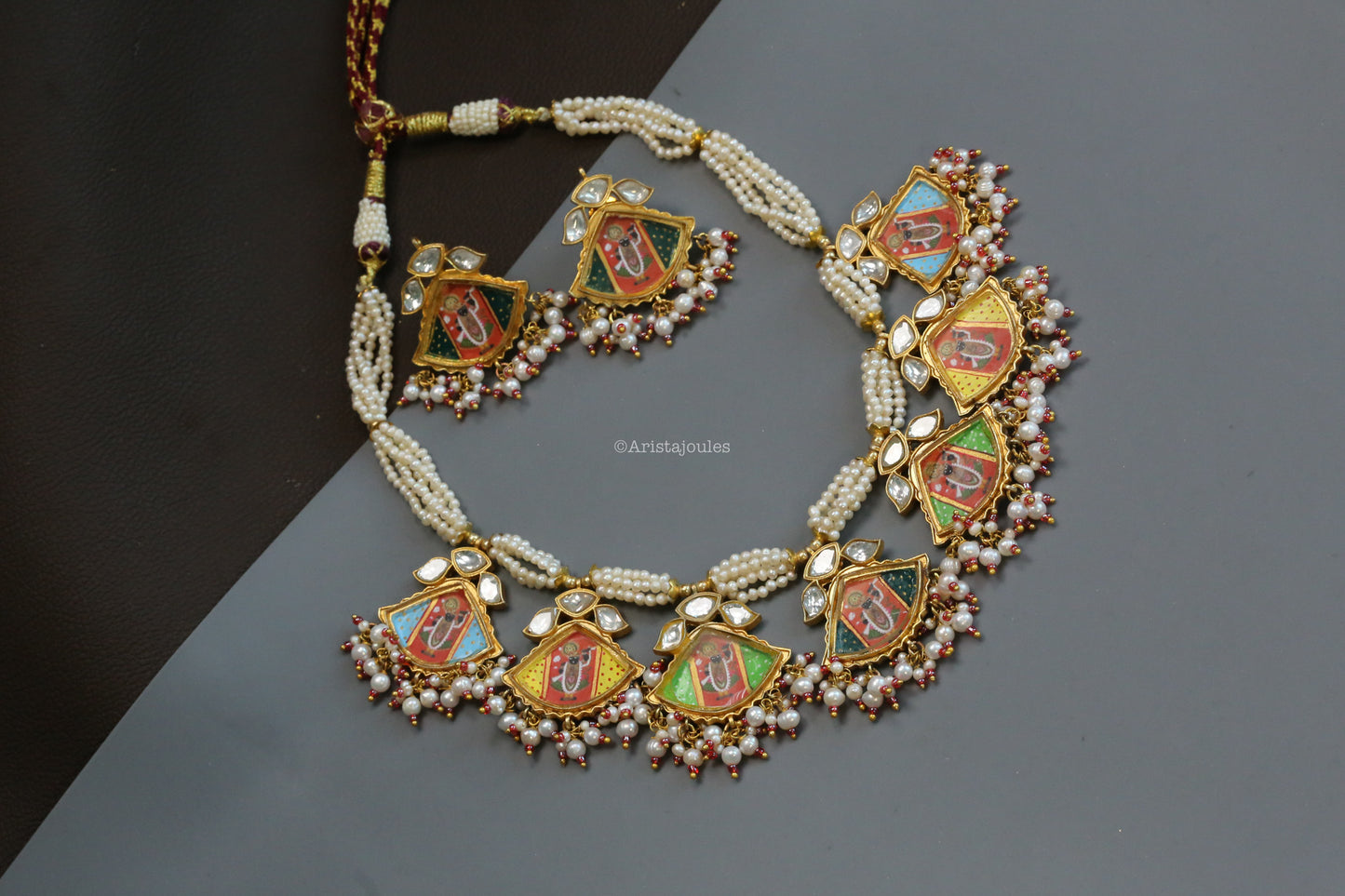 Real Pearls Pichwai Painting Kundan Necklace Set
