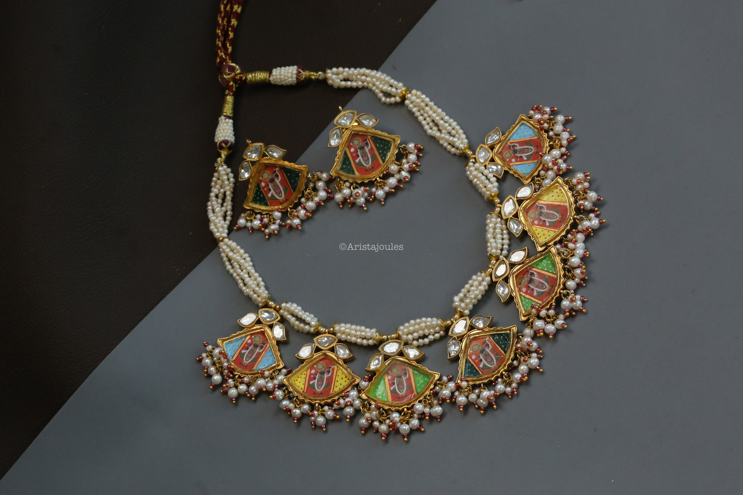 Real Pearls Pichwai Painting Kundan Necklace Set