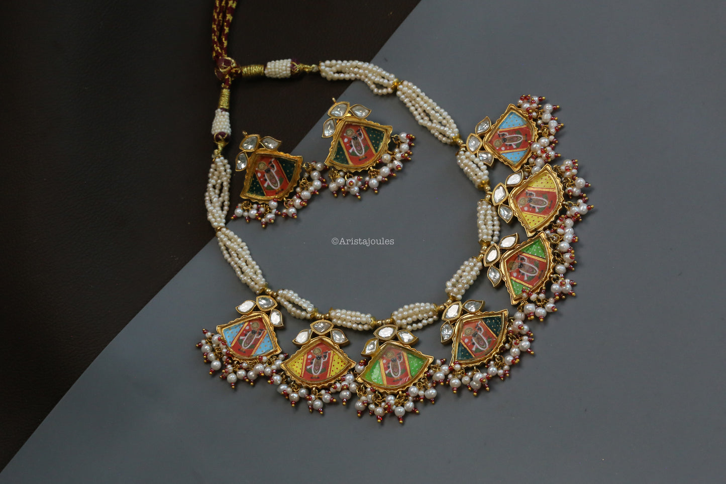 Real Pearls Pichwai Painting Kundan Necklace Set