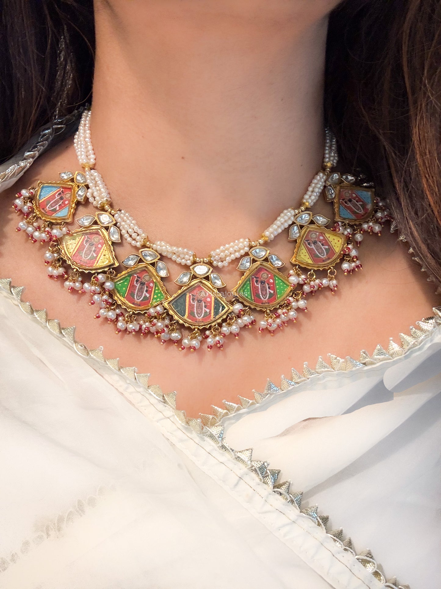 Real Pearls Pichwai Painting Kundan Necklace Set